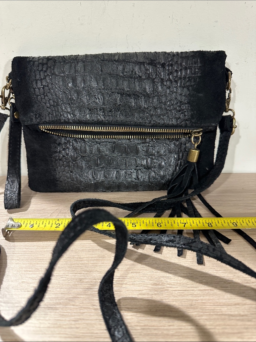 Black Croc-Texture Suede Crossbody Bag with Tassel